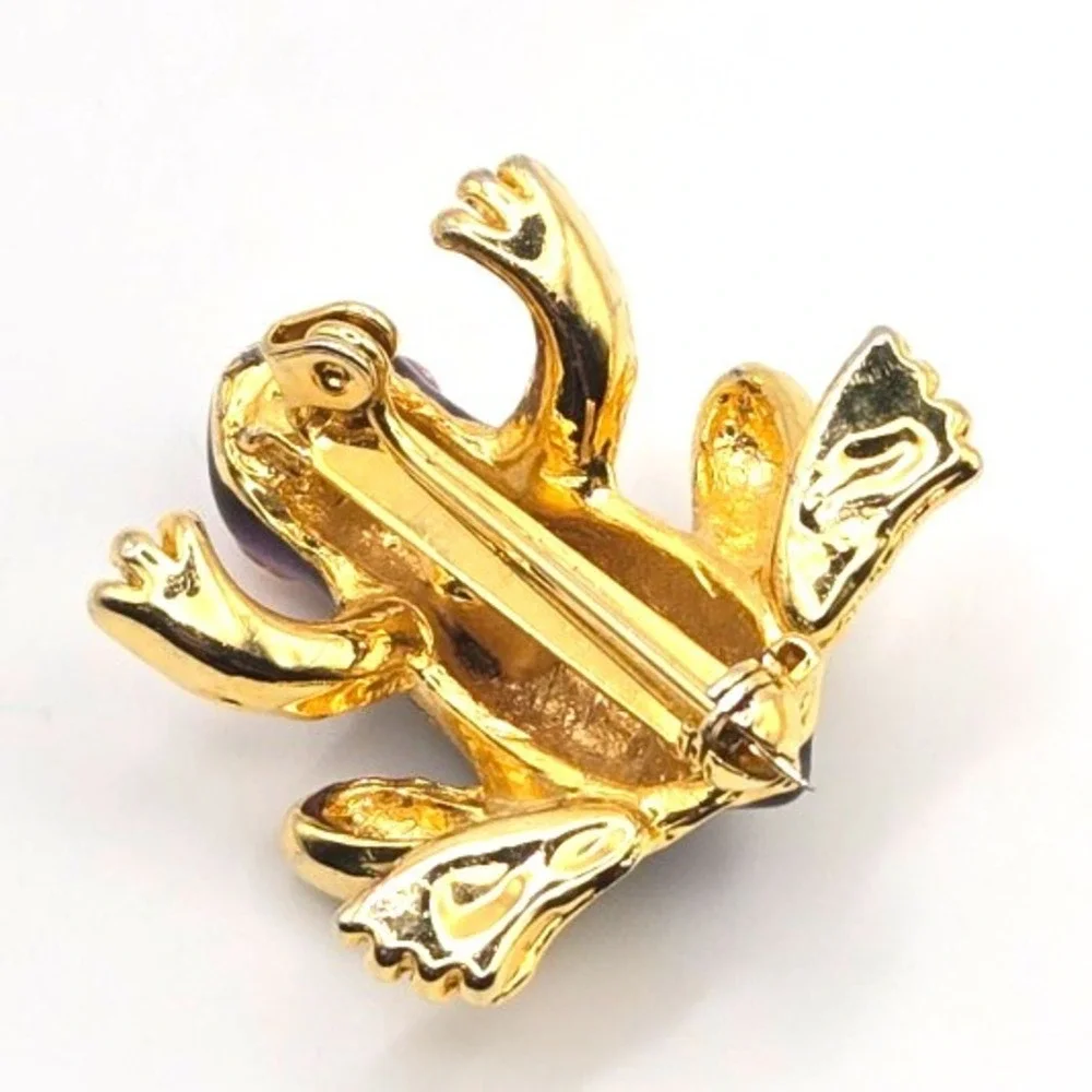Small Gold Tone Blue and Purple Enamal Frog Brooch‎ / Pin Red Rhinestone Eyes